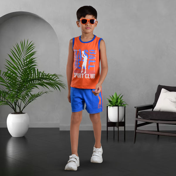 Clothe Funn Boys C-Ord Set, Sleeveless T-Shirt & Shorts, Orange & T.Blue