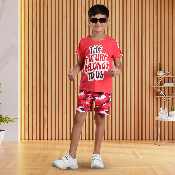 Clothe Funn Boys Co-Ord Set Set, Half Sleeve T-Shirt & Shorts Set, Coral & Military