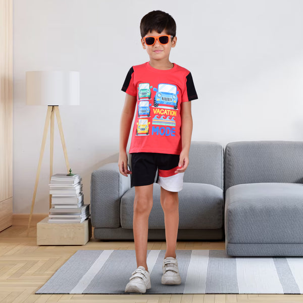 Boys Half sleeve Shirt & Shorts Co-Ord Set, Coral & Black