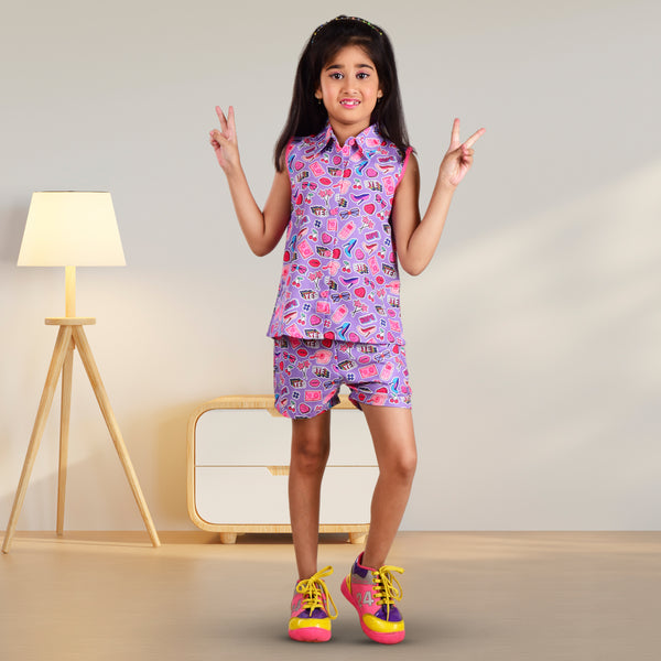 Clothe Funn Girls All-over Printed Sleeveless Co-Ord Set, Shorts Set, Woven Fabric, Purple AOP