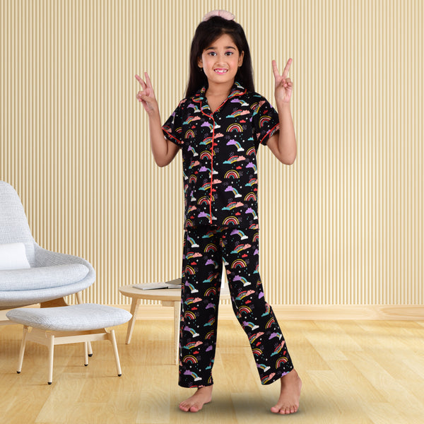 Clothe Funn Girls Nightsuit, Black AOP