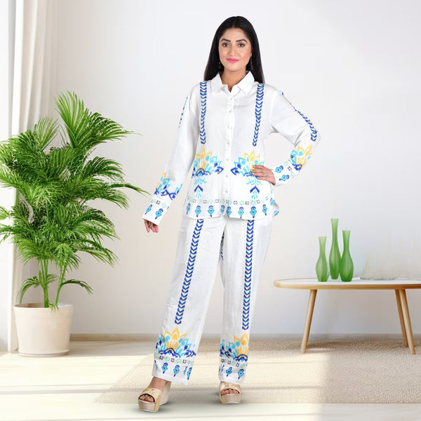 Daisy White Cotton Placement Printed Co-ord Set