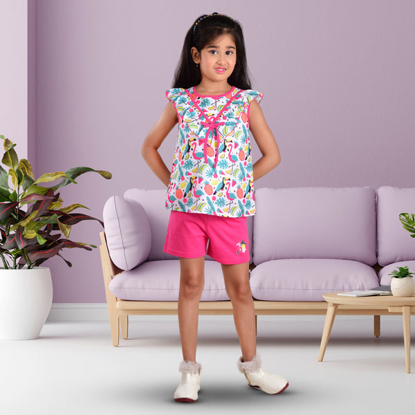 Clothe Funn Girls Fancy Printed Sleeveless Co-Ord Set, Shorts Set, Cotton Fabric, White AOP, Fuschia