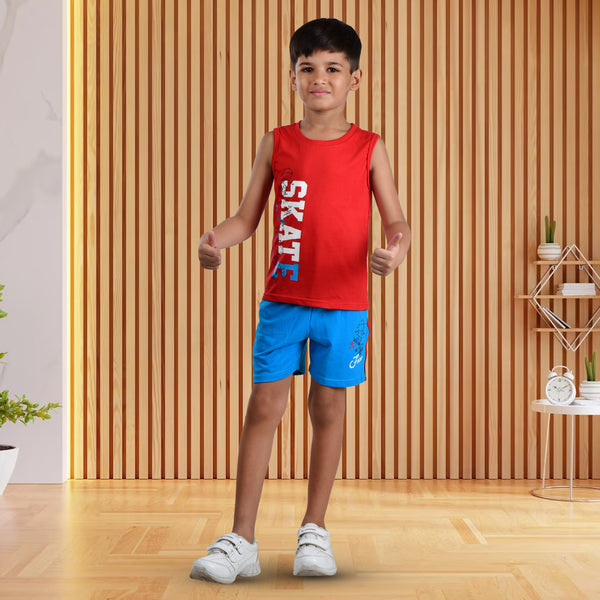 Clothe Funn Boys Co-Ord Set, Sleeveless T-Shirts & Shorts Set, Red & Blue