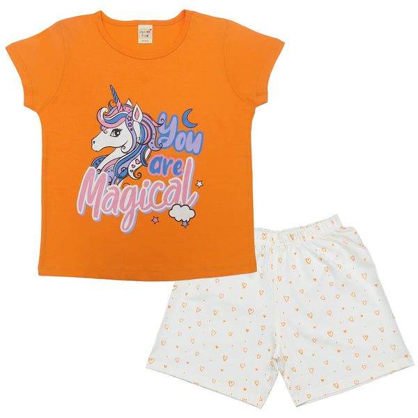Clothe Funn Girls Cotton Nightwear Set, Orange & Off White