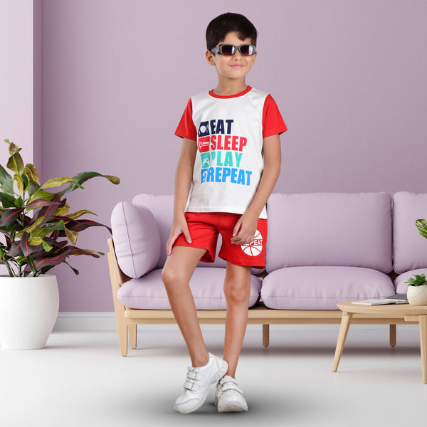 Boys Half sleeve Shirt & Shorts Co-Ord Set, Off White & Red