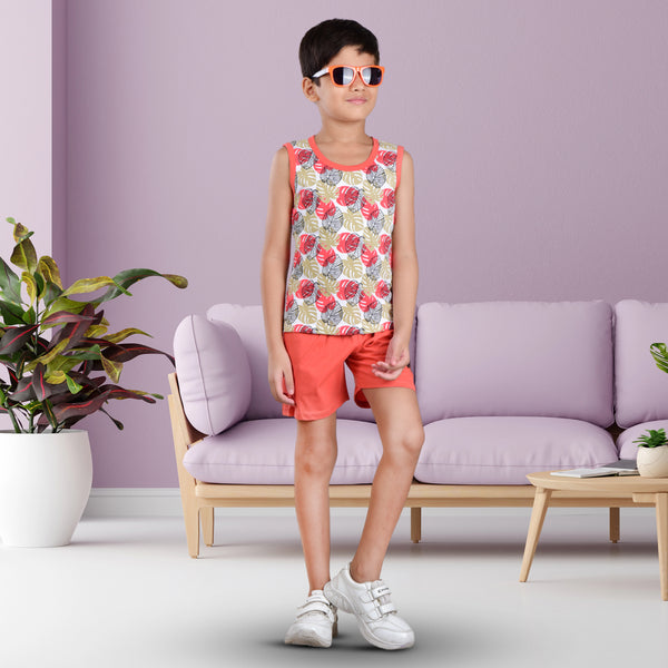 Clothe Funn Boys C-Ord Set, Sleeveless T-Shirt & Shorts, White & Coral