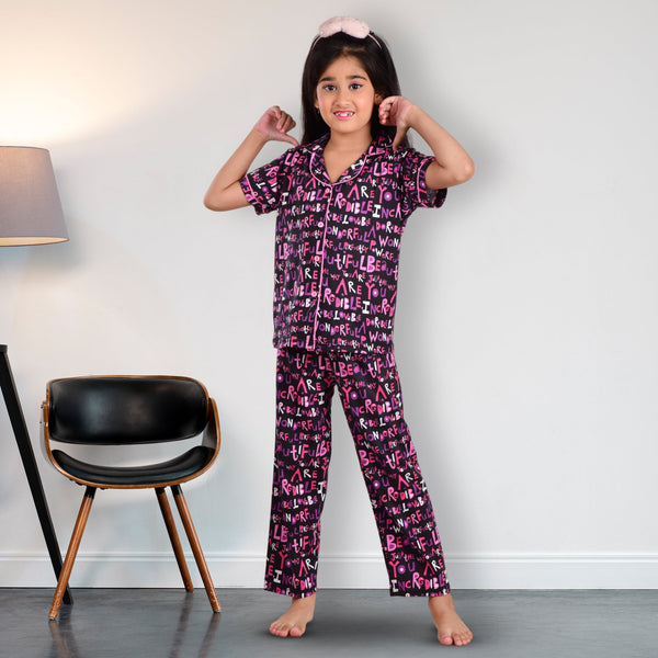 Clothe Funn Girls Nightwear Suit,Black AOP