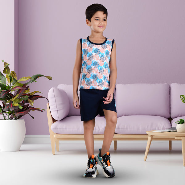 Clothe Funn Boys C-Ord Set, Sleeveless T-Shirt & Shorts, T.Blue & Navy