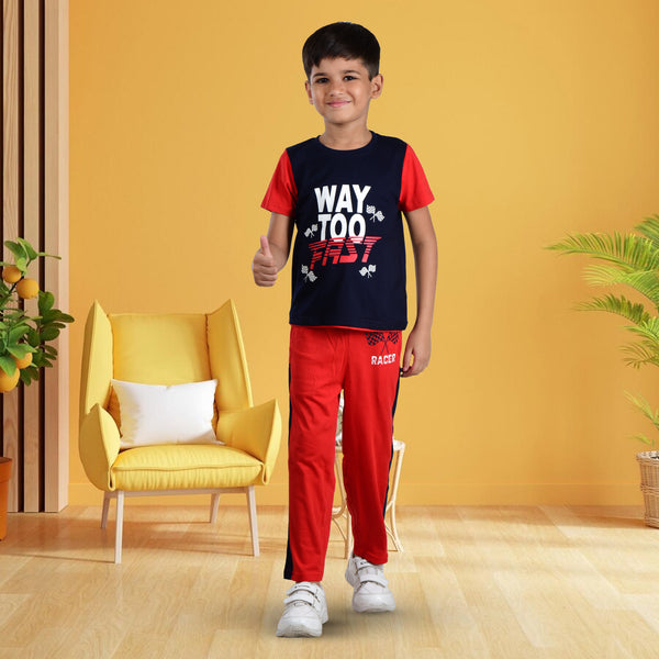 Boys Half sleeve T-Shirt & Full Pant Co-Ord Set, Navy & Red