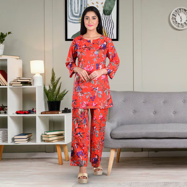 Scarlet Red Cotton Printed Co-ord Set