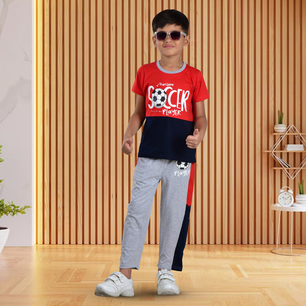 Boys Half sleeve T-Shirt & Full Pant Co-Ord Set, Red & Ecru Melange