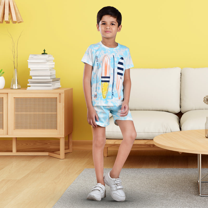 Boys Half sleeve Shirt & Shorts Co-Ord Set, Off White & Green