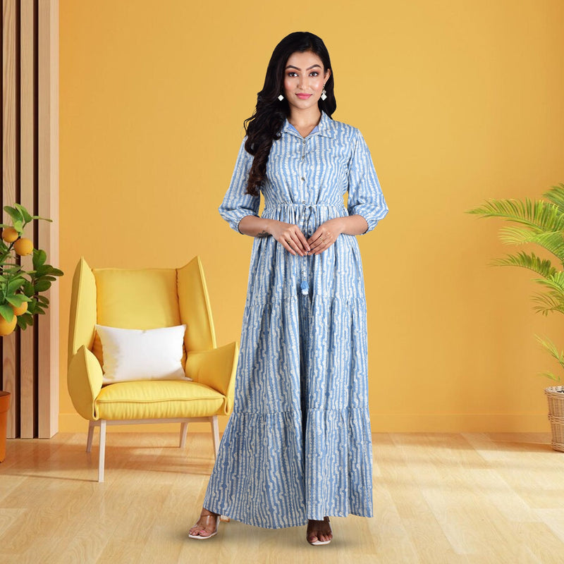 cotton lurex dress Blue Stripes Lurex V Neck Cotton Midi Dress