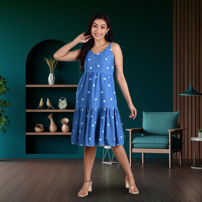 Spaghetti Denim Polka Dress