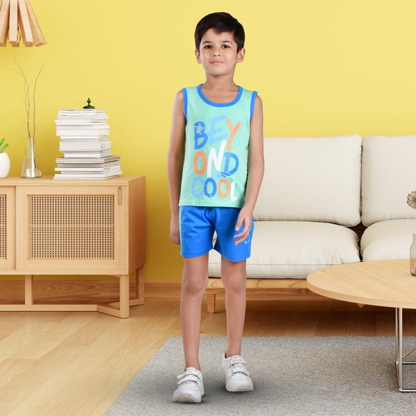 Clothe Funn Boys C-Ord Set, Sleeveless T-Shirt & Shorts, Mint & Royal