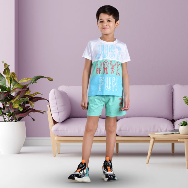 Boys Half sleeve Shirt & Shorts Co-Ord Set, White & Mint