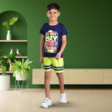 Clothe Funn Boys Co-Ord Set Set, Half Sleeve T-Shirt & Shorts Set, Navy & Acid Green