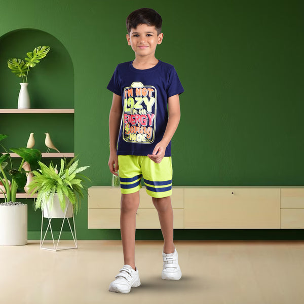 Clothe Funn Boys Co-Ord Set Set, Half Sleeve T-Shirt & Shorts Set, Navy & Acid Green