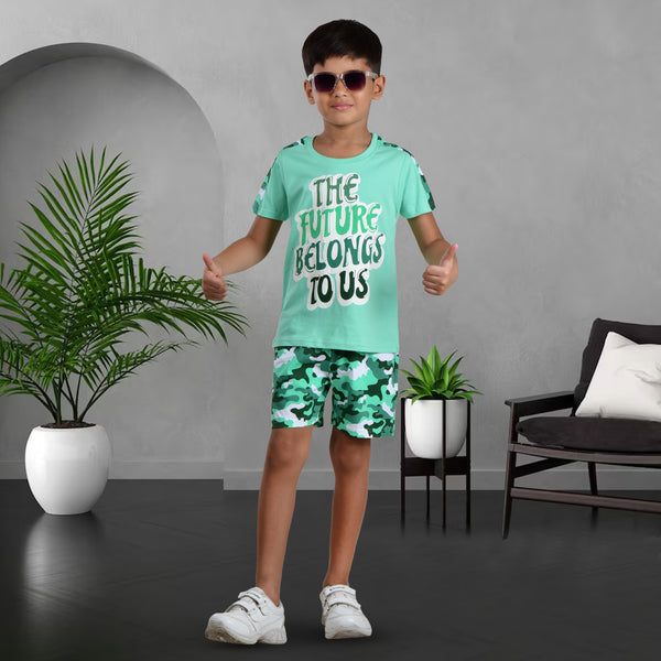 Clothe Funn Boys Co-Ord Set Set, Half Sleeve T-Shirt & Shorts Set, Sea Green & Military