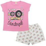 Clothe Funn Girls Cotton Nightwear set, Pink & Off White