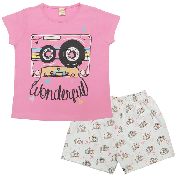 Clothe Funn Girls Cotton Nightwear set, Pink & Off White