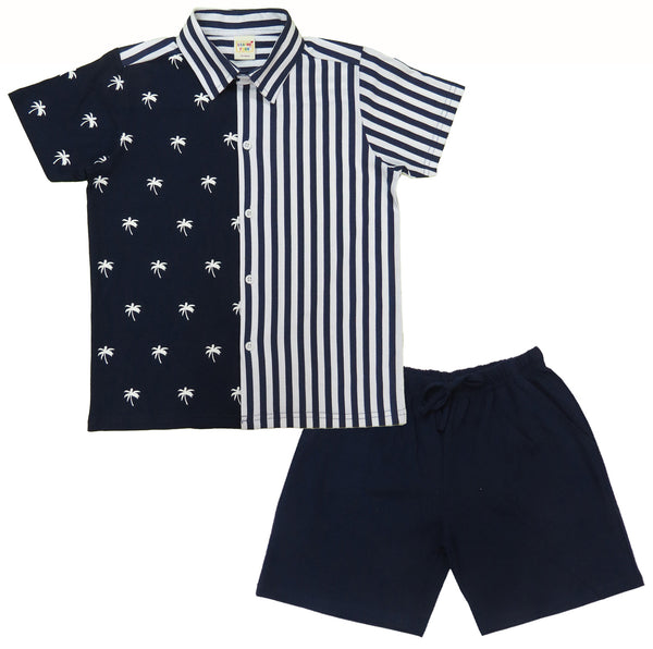 Boys Half sleeve Collar Shirt & Shorts Co-Ord Set, Navy & White