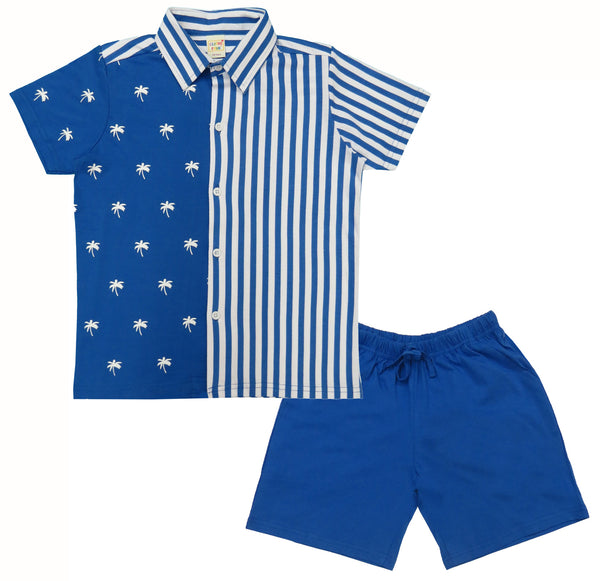 Boys Half sleeve Collar Shirt & Shorts Co-Ord Set, Royal Blue & White