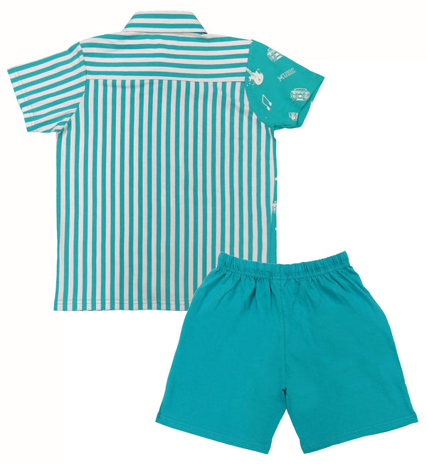 Boys Half sleeve Collar Shirt & Shorts Co-Ord Set, S.Green & White