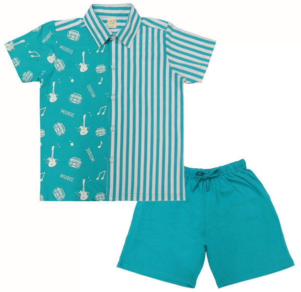 Boys Half sleeve Collar Shirt & Shorts Co-Ord Set, S.Green & White