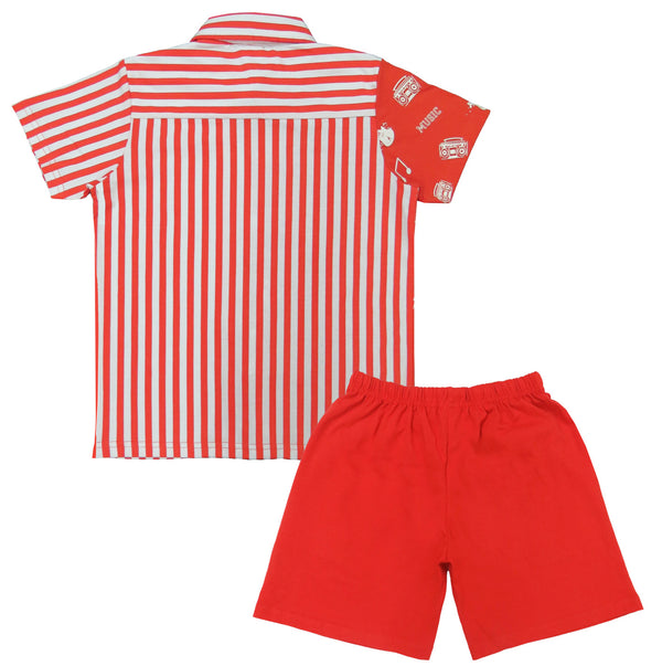 Boys Half sleeve Collar Shirt & Shorts Co-Ord Set, Rust & White