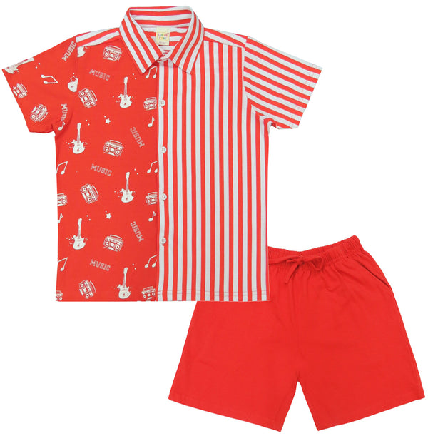 Boys Half sleeve Collar Shirt & Shorts Co-Ord Set, Rust & White