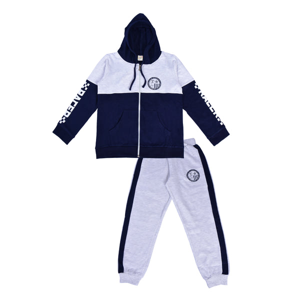 Clothe Funn Boys Winter Tracksuit, Hood Jacket & Track Pant Set, Navy & Ecru Melange