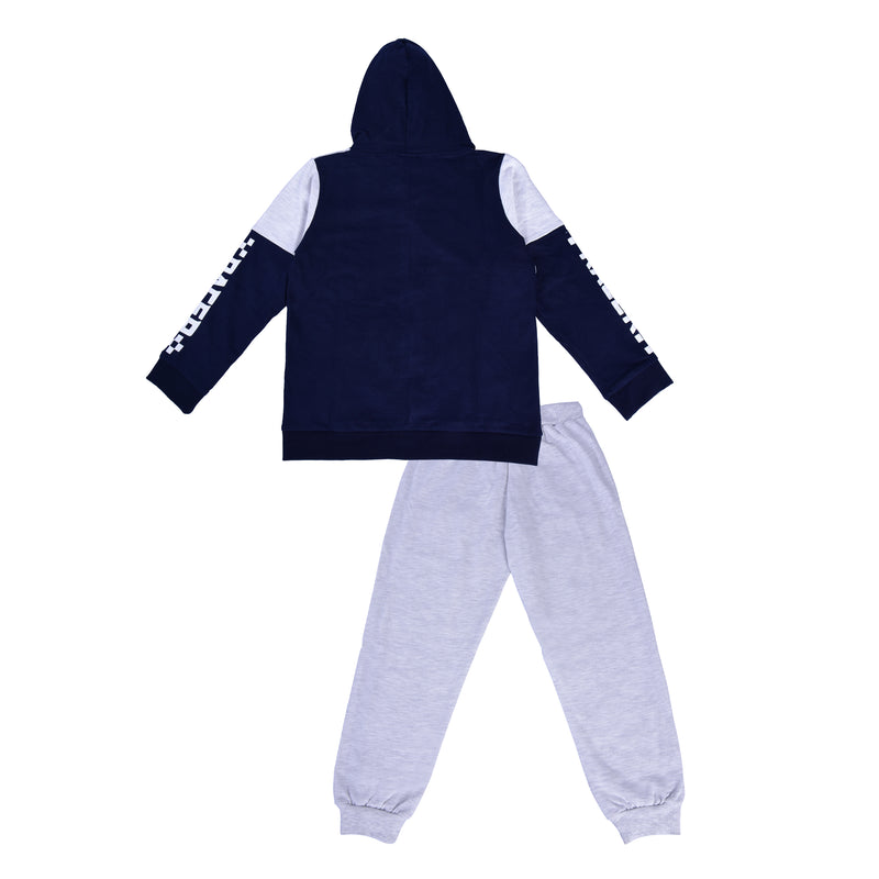 Clothe Funn Boys Winter Tracksuit, Hood Jacket & Track Pant Set, Navy & Ecru Melange