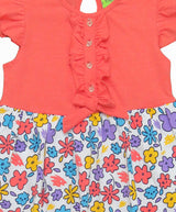 Clothe Funn New Born Baby Girl's Flower Printed Designer Dress with Bow, Coral/AOP
Cap Sleeve Frock