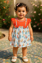 Clothe Funn New Born Baby Girl's Trendy Butterfly Printed Dress With Lace, Orange/White
Cap Sleeve Frock
