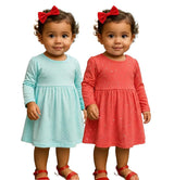 Clothe Funn Baby Girls Full Sleeve Dress Coral & Mint (Pack of 2)