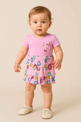 Clothe Funn Baby Girl's Donut Printed Fancy Triple Layered Dress, Pink AOP
Short Sleeves Frock