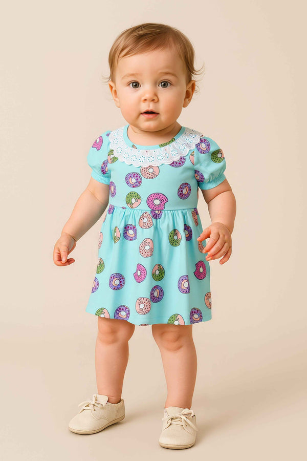 Clothe Funn Baby Girl's Fancy Dress with Neck Frill, Sky Blue AOP