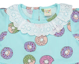 Clothe Funn Baby Girl's Donut Printed Fancy Dress with Neck Frill, Sky Blue AOP 
Cap Sleeve Frock