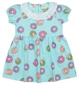 Clothe Funn Baby Girl's Donut Printed Fancy Dress with Neck Frill, Sky Blue AOP 
Cap Sleeve Frock