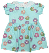 Clothe Funn Baby Girl's Donut Printed Fancy Dress with Neck Frill, Sky Blue AOP 
Cap Sleeve Frock
