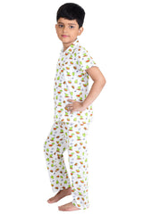 Clothe Funn Boys Graphic Fruit Printed Night Suit, White
Half Sleeves Shirt & Full Pant