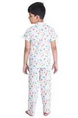 Clothe Funn Boys All-Over Animal Printed Night Suit, White
Half Sleeves Shirt & Full Pant