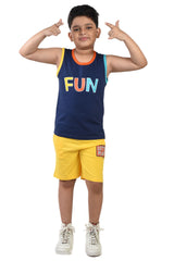 Clothe Funn Boys Fun Printed Sleeveless T-Shirt & Shorts Set, Navy/Yellow
Sleeveless T-Shirt & Shorts