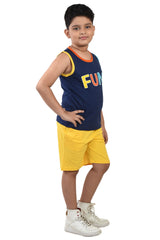 Clothe Funn Boys Fun Printed Sleeveless T-Shirt & Shorts Set, Navy/Yellow
Sleeveless T-Shirt & Shorts