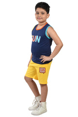 Clothe Funn Boys Fun Printed Sleeveless T-Shirt & Shorts Set, Navy/Yellow
Sleeveless T-Shirt & Shorts