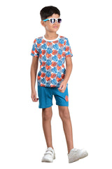 Clothe Funn Boys Leaf Printed Half Sleeve T-Shirt & Shorts Set, White AOP/Teal
Half Sleeve T-Shirt & Shorts