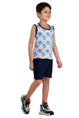 Clothe Funn Boys Leaf Printed Sleeveless T-Shirt & Shorts Set, T.Blue/Navy
Sleeveless T-Shirt & Shorts
