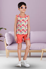 Clothe Funn Boys Leaf Printed Sleeveless T-Shirt & Shorts Set, White/Coral
Sleeveless T-Shirt & Shorts